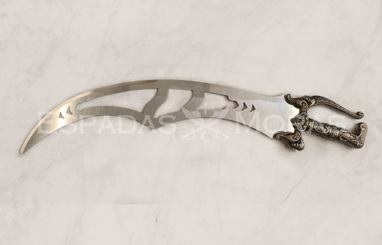 Espada Dalal hoja de aluminio brillo espejo y empuñadura acabado efecto plata vieja.