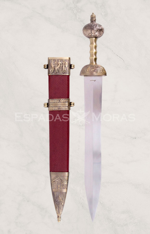 Espada romana de acero toledano acabado bronce con vaina roja y empuñadura ornamentada
