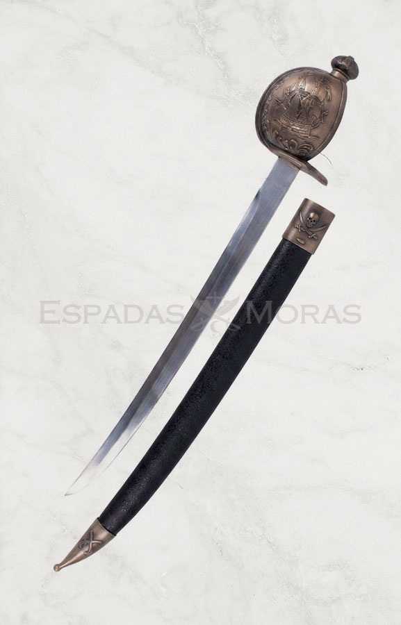 Espada pirata Barbarroja con hoja curva de metal y vaina negra decorada con calavera